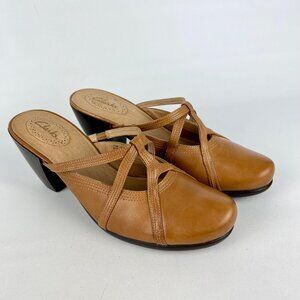Clarks Womens Cognac Brown Leather Heeled Mules Slides Strappy Shoes size 10